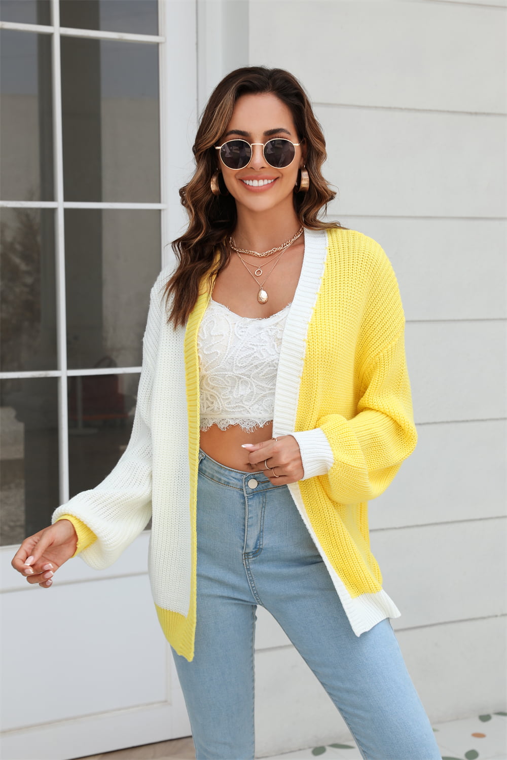 Sophia & Grace Open Front Contrast Color Balloon Sleeve Cardigan