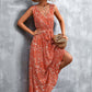 Full Size Printed V-Neck Tie Waist Maxi Dress