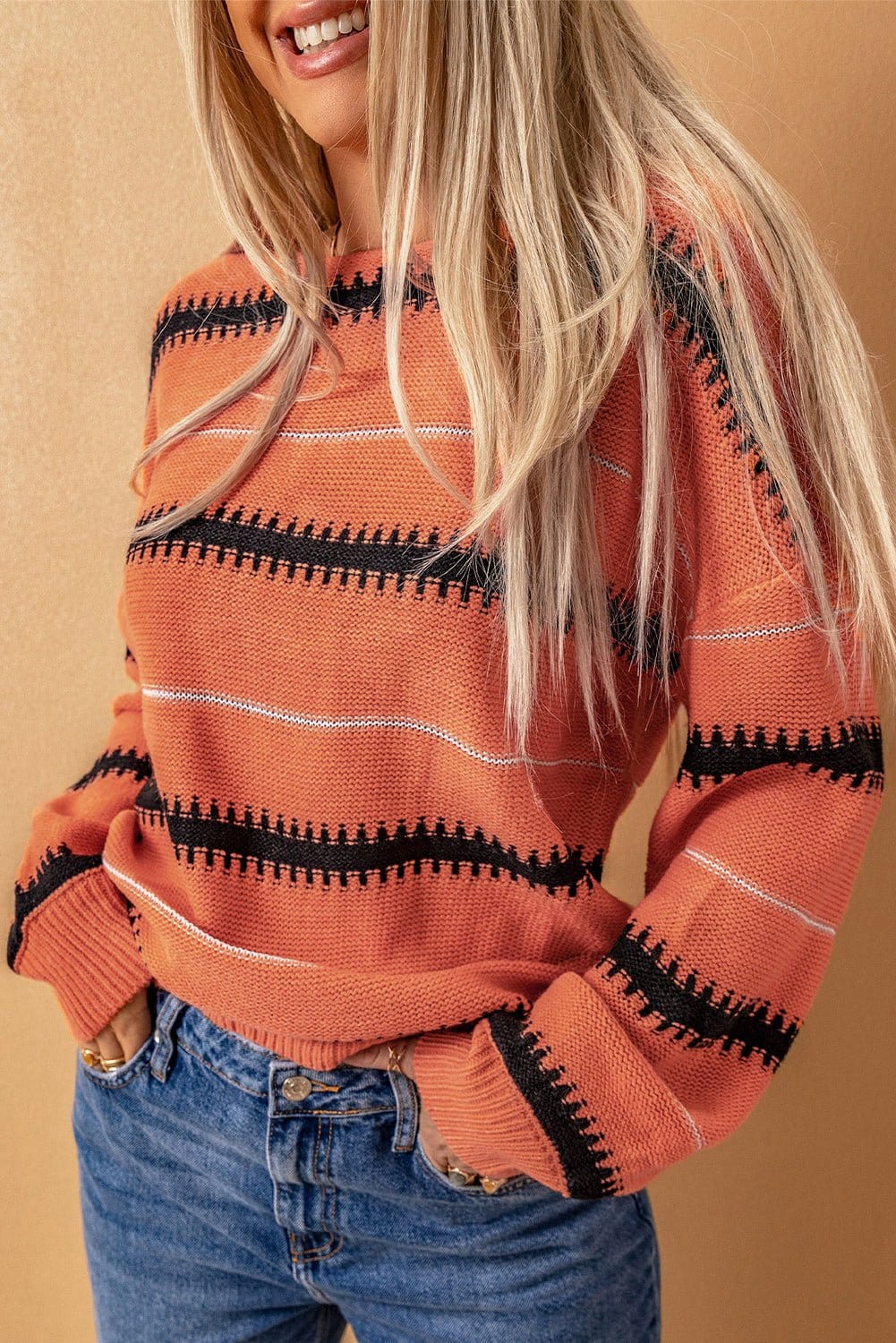 Full Size Striped Drop Shoulder Ribbed Cuff Sweater