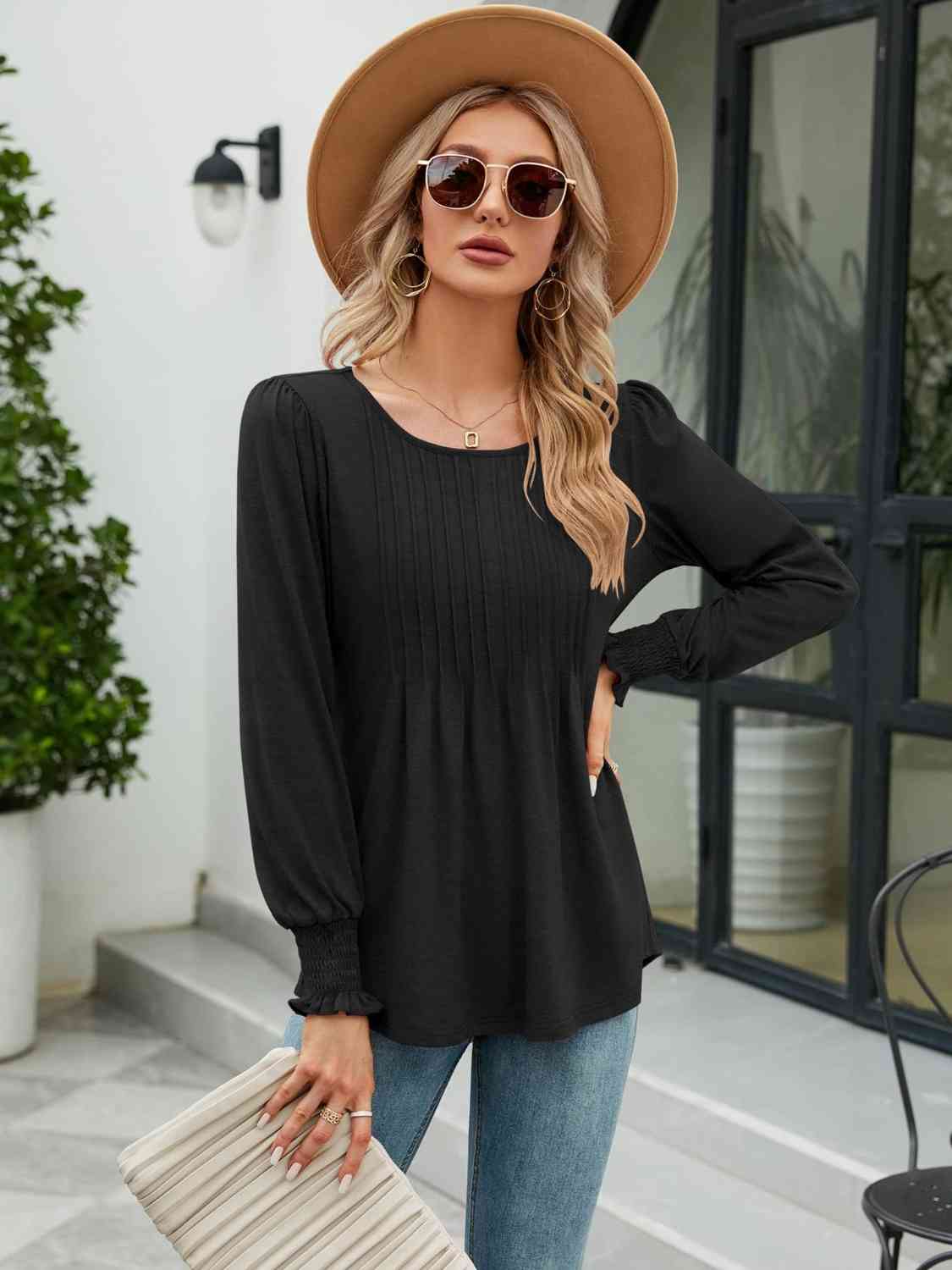 Aurora Lea Smocked Round Neck Lantern Sleeve Blouse
