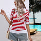 Striped Johnny Collar Half Sleeve Knit Top