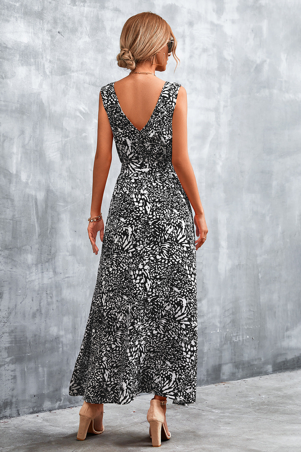 Full Size Printed V-Neck Tie Waist Maxi Dress