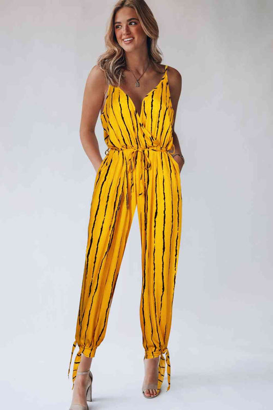 KenyaBay Striped Contrast Tie Ankle Spaghetti Strap Jumpsuit