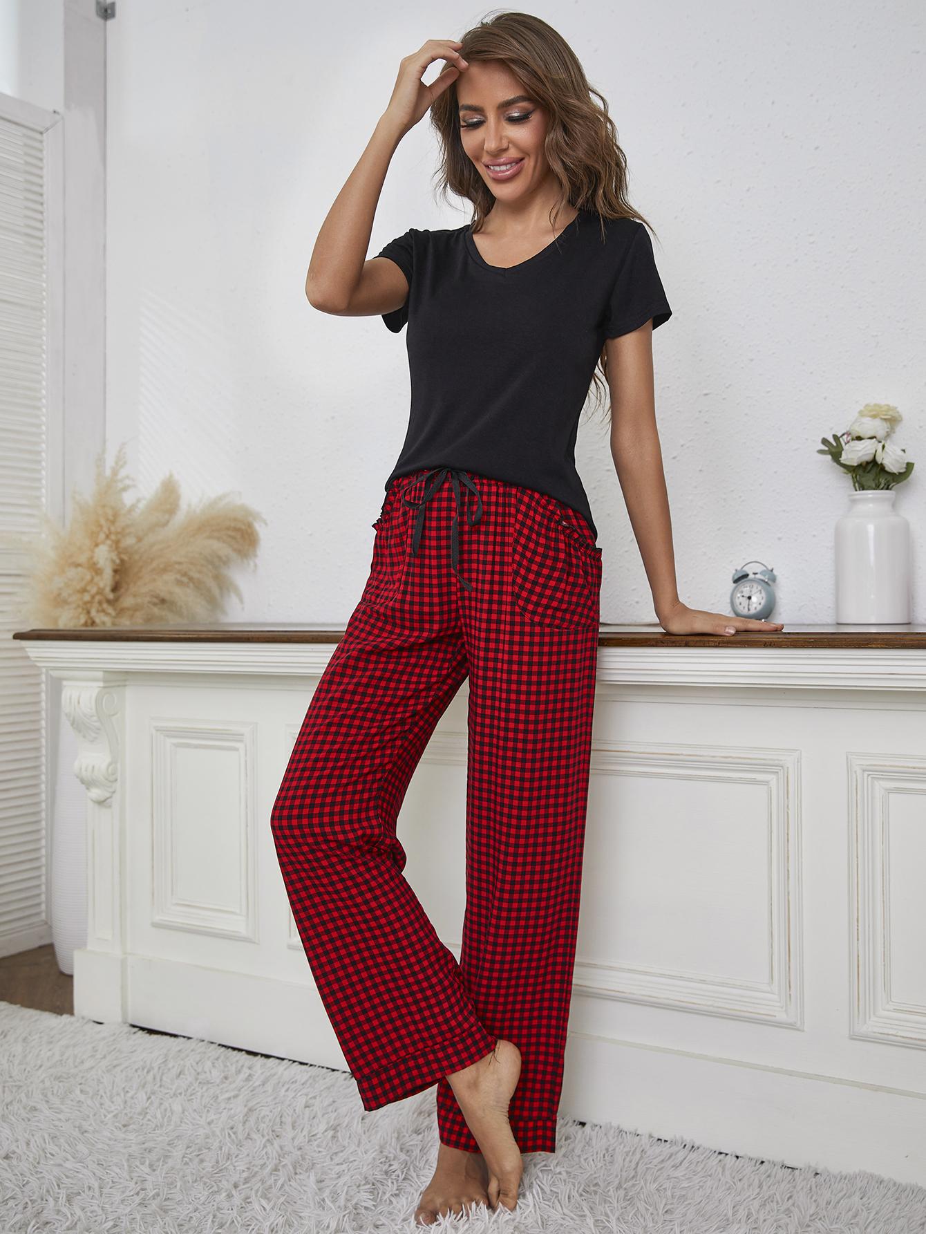 Full Size V-Neck Top and Gingham Pants Lounge Set