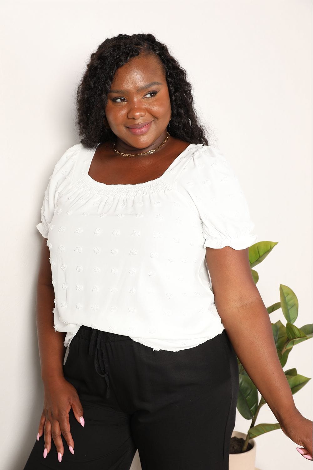 Double Take Full Size White Swiss Dot Puff Sleeve Square Neck Blouse