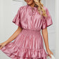 Smocked Tie Neck Flounce Sleeve Dress