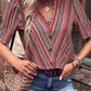Printed V-Neck Button-Up Short Sleeve Top