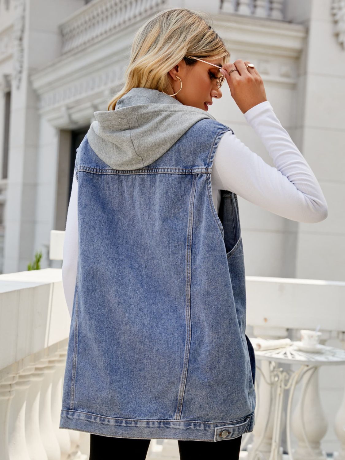 Women's Drawstring Hooded Sleeveless Denim Top with Pockets