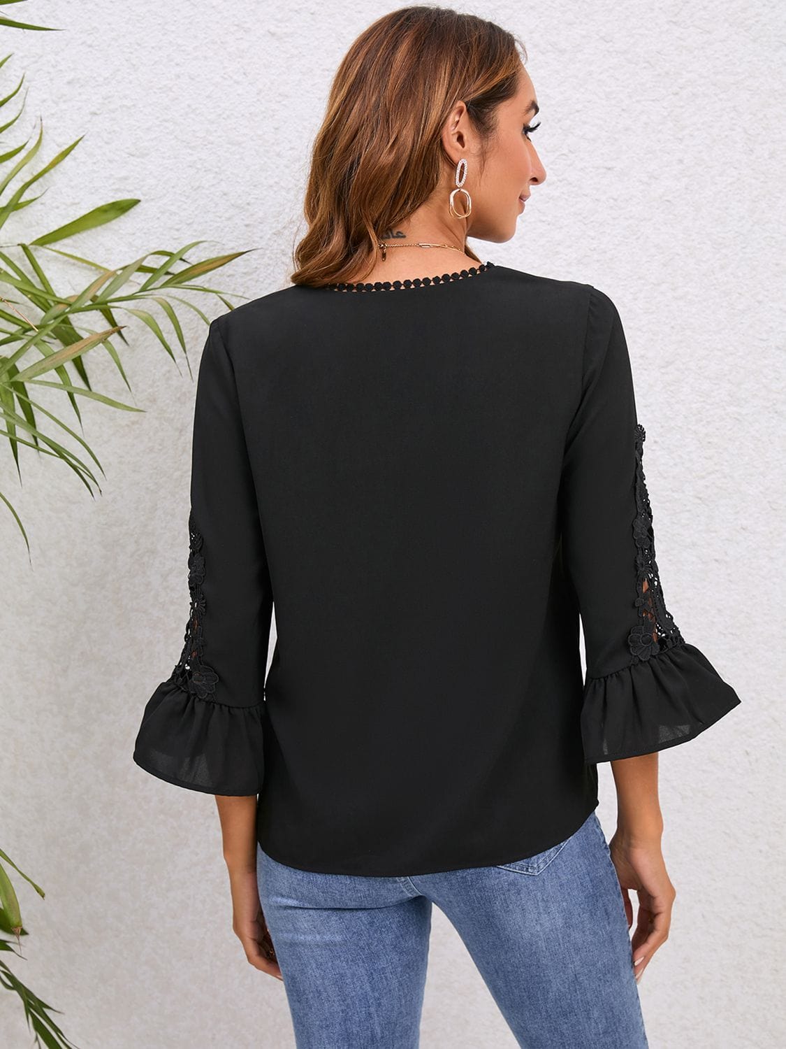 Full Size V-Neck Lace Detail Flounce Sleeve Blouse