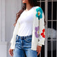 ComfyThreads Flower Pattern Open Front White Long Sleeve Cardigan
