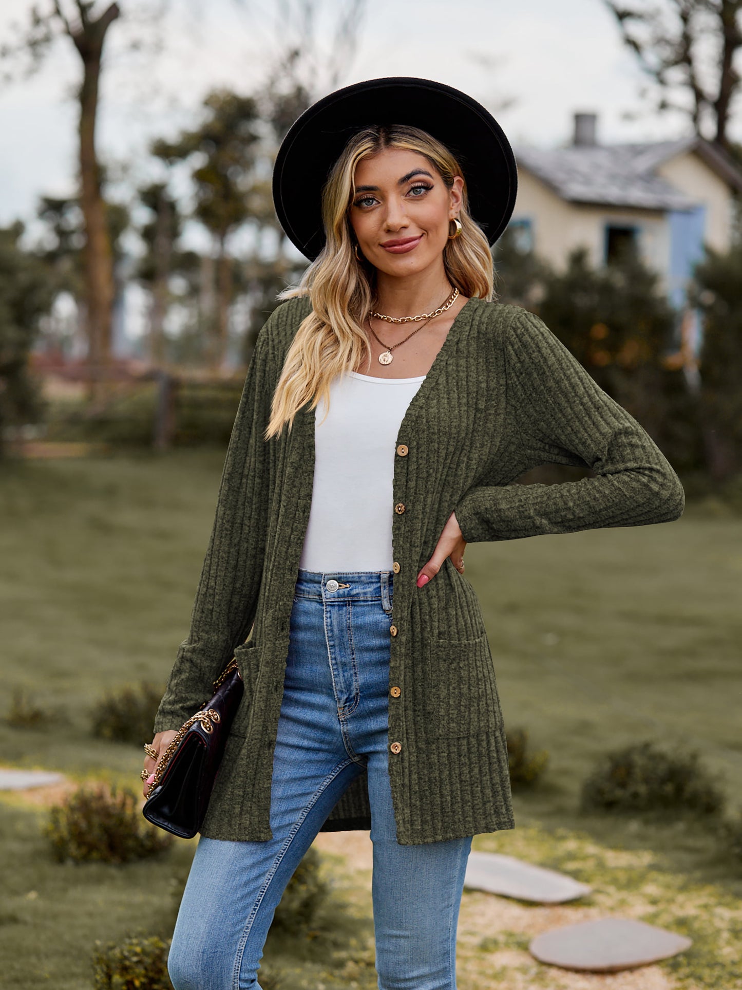 Full Size Ribbed Button-UP Cardigan with Pockets