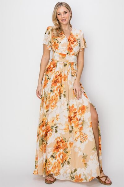 HYFVE Floral Tie Back Short Sleeve Slit Maxi Dress *