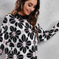CozyWonders Floral Round Neck Black Long Sleeve Sweater