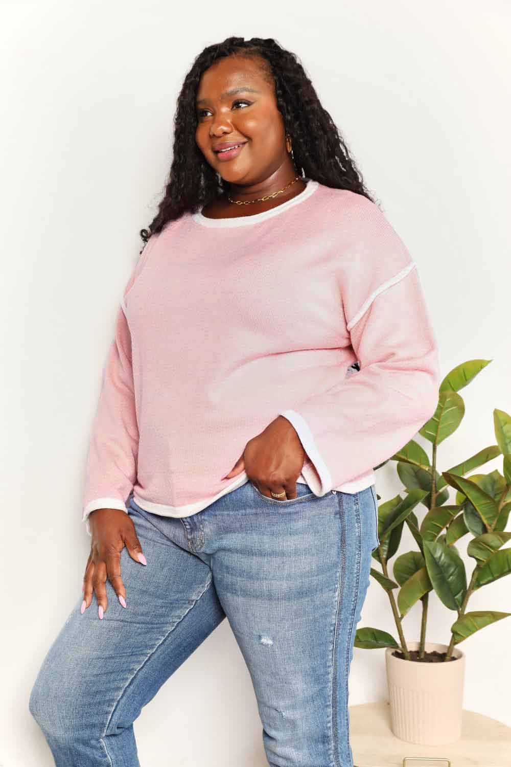 Double Take Blush Pink Contrast Detail Dropped Shoulder Knit Top