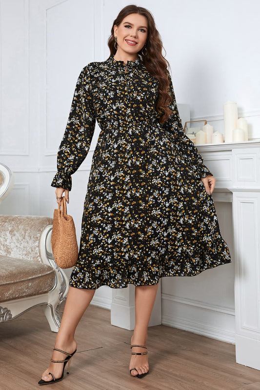 IdeationJovial Plus Size Floral Flounce Sleeve Midi Dress