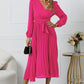 Full Size V-Neck Long Sleeve Tie Waist Midi Dress