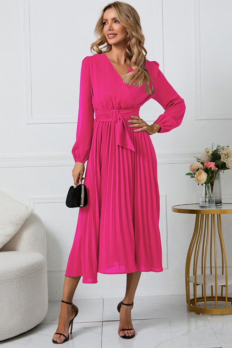 Full Size V-Neck Long Sleeve Tie Waist Midi Dress