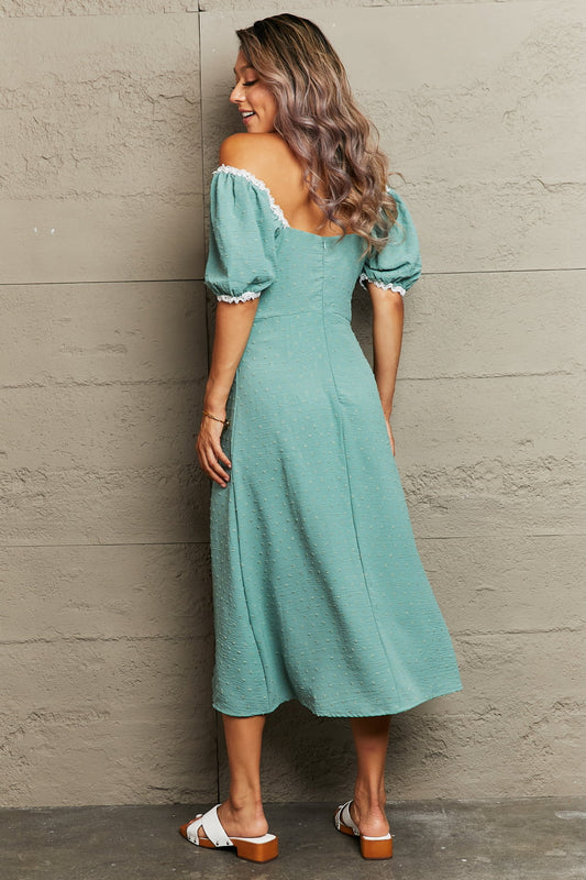 IconicDream Swiss Dot Slit Off-Shoulder Dress
