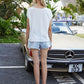 Tied Eyelet Round Neck Cap Sleeve T-Shirt