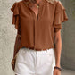 Ruffled Notched Short Sleeve Blouse