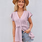 Full Size Buttoned V-Neck Ruffle Trim Top