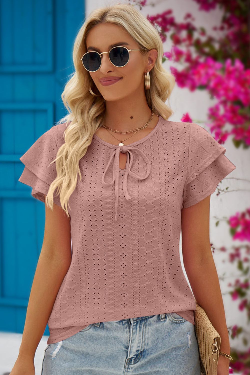 Women's Full Size Eyelet Tie-Neck Flutter Sleeve Blouse