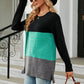 Full Size Color Block Round Neck Long Sleeve Slit T-Shirt