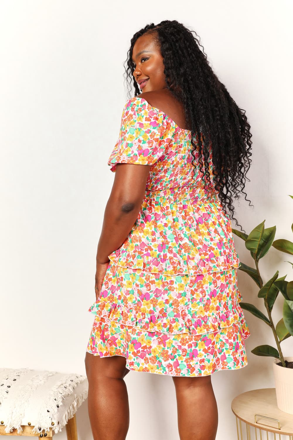 Double Take Strawberry Smocked Sweetheart Neck Flounce Sleeve Strawberry Mini Dress *