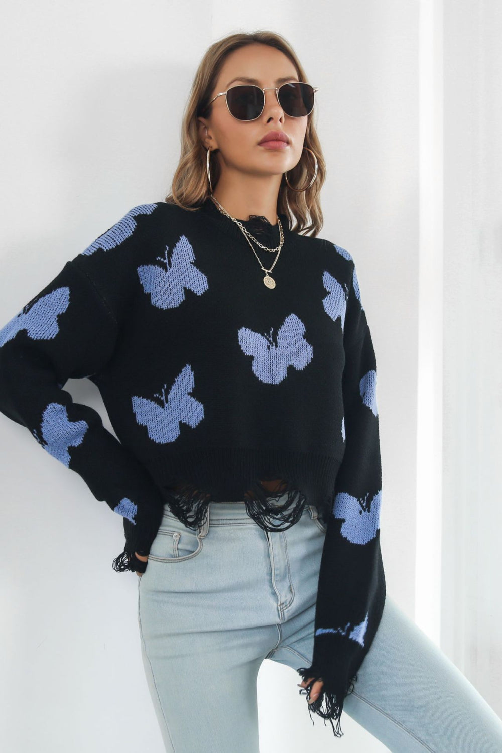 NatashaJay Printed Round Neck Ribbed Long Sleeve Sweater 🦋