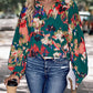 Green Printed Johnny Collar Long Sleeve Blouse