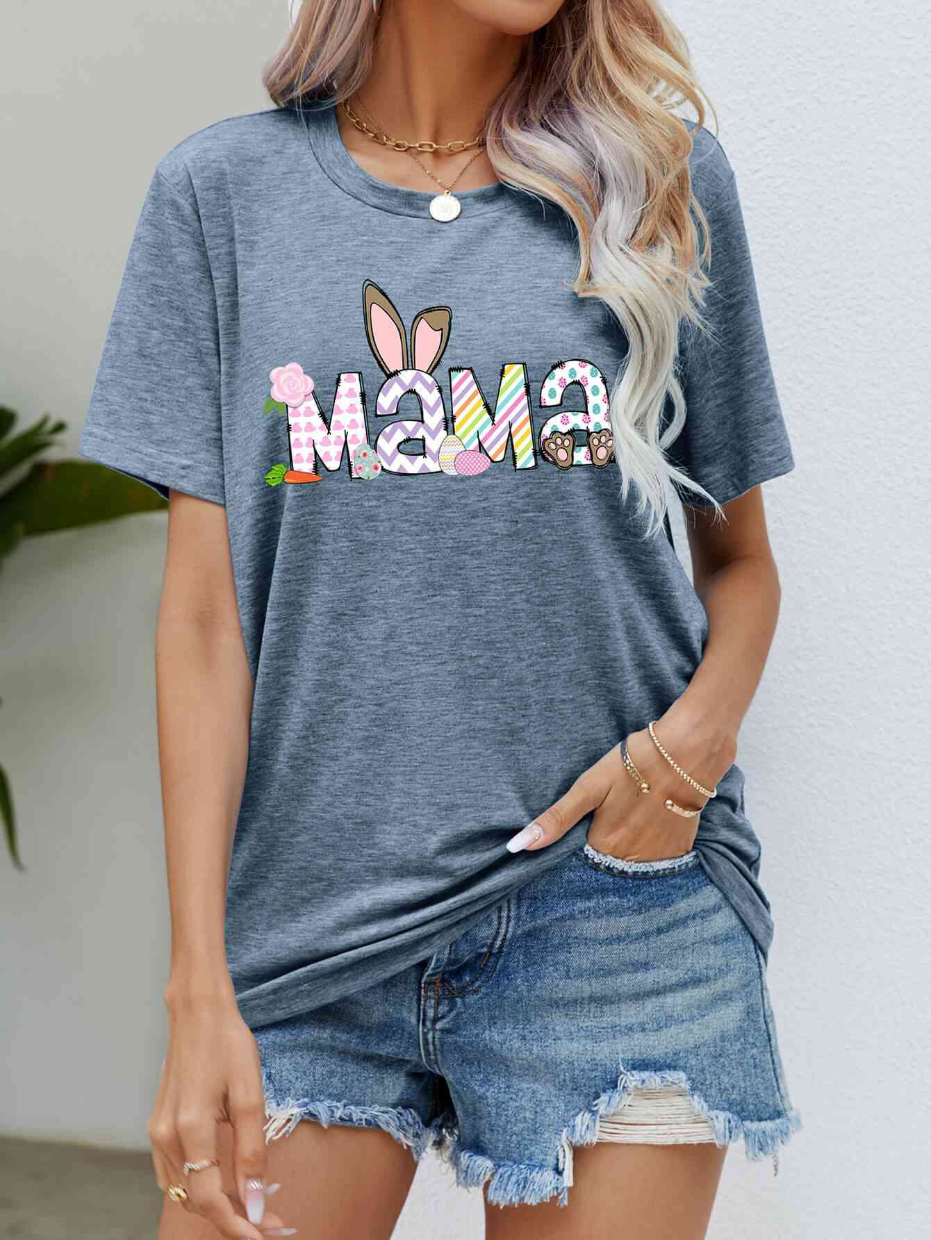 Seasonal Easter MAMA Graphic Round Neck T-Shirt