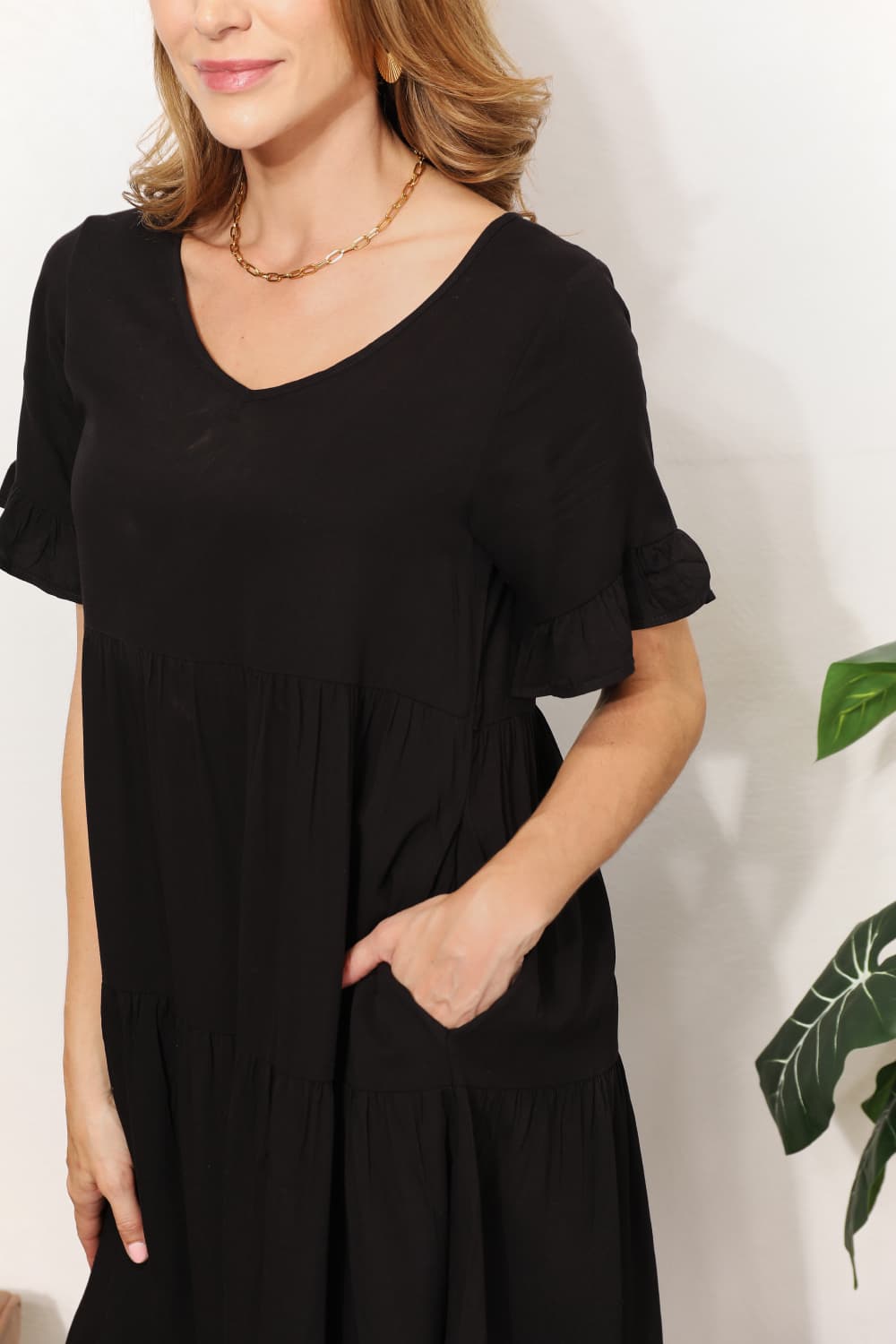 Full Size Double Take V-Neck Flounce Sleeve Tiered Dress *