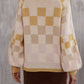 Checkered V-Neck Lantern Sleeve Sweater