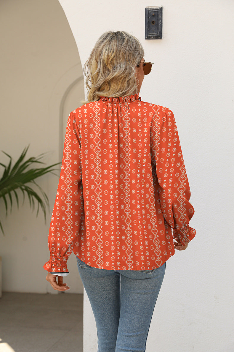 Full Size Printed Tie Neck Flounce Sleeve Blouse