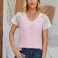 Eyelet V-Neck Lace Short Sleeve T-Shirt