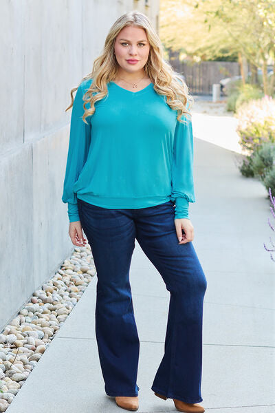Basic Bae Full Size V-Neck Lantern Sleeve Blouse *