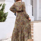 Printed Tie Neck Ruffle Hem Long Sleeve Dress