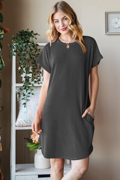 Heimish Full Size Ribbed Round Neck Short Sleeve Tee Dress *