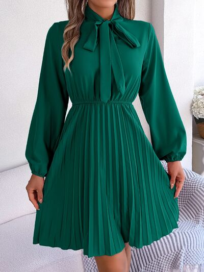 Women's Obsessed Tie Neck Balloon Sleeve Pleated Dress