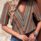 Printed V-Neck Button-Up Short Sleeve Top