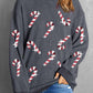Christmas Themed Sequin Candy Cane Round Neck Sweatshirt