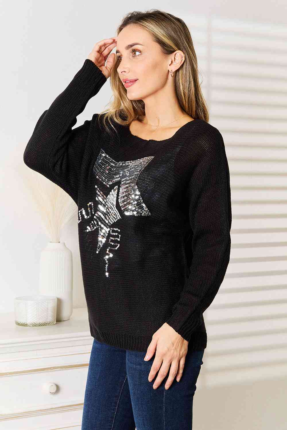 Double Take Sequin Graphic Dolman Sleeve Knit Top *