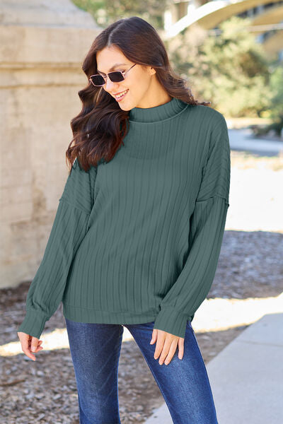 Basic Bae Full Size Ribbed Exposed Seam Mock Neck Knit Top *