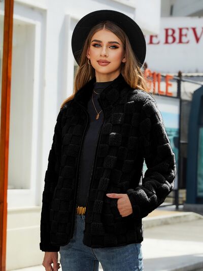 Full Size Fuzzy Checkered Zip Up Jacket