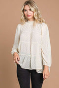 Culture Code Full Size Swiss Dot Smocked Mock Neck Blouse *