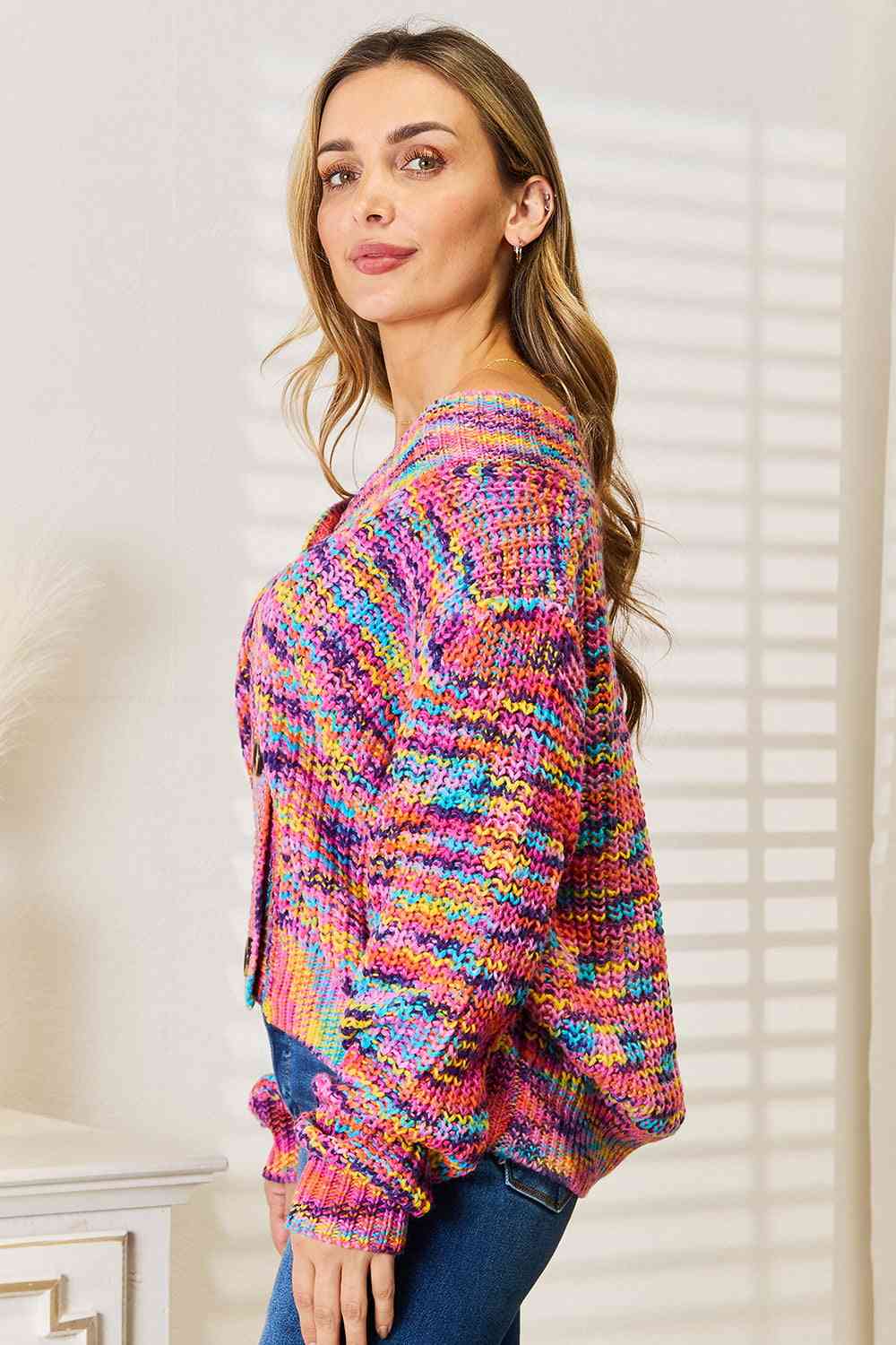 Woven Right V-Neck Long Sleeve Cardigan *