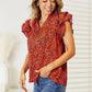 Double Take Red Orange Floral Flutter Sleeve Notched Neck Blouse