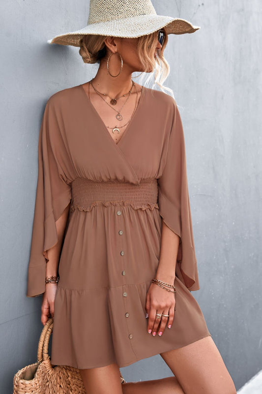 Decorative Button Smocked Waist Surplice Mini Dress