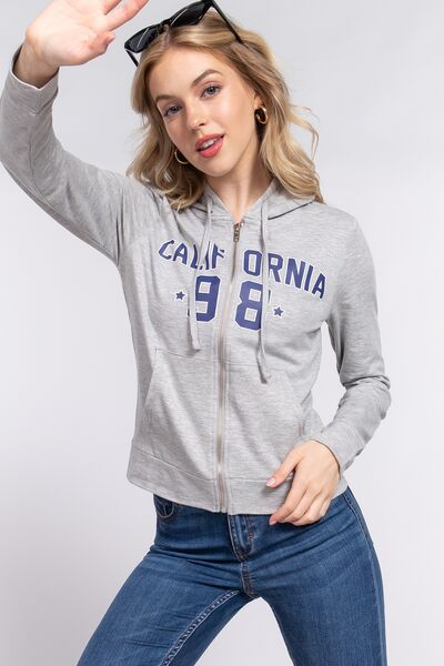 ACTIVE BASIC CALIFORNIA Zip Up Drawstring Long Sleeve Hoodie *