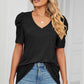 Heathered V-Neck Puff Sleeve T-Shirt